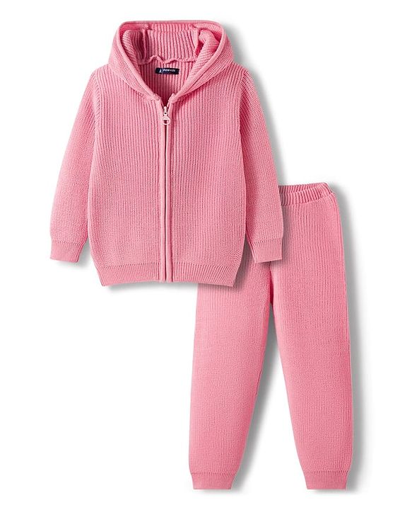 Pine Kids Knit Full Sleeves Solid Color Front Open Hooded Sweater Set - Pink