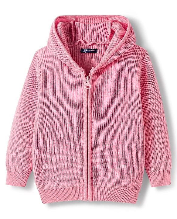 Pine Kids Knit Full Sleeves Solid Color Front Open Hooded Sweater Set - Pink