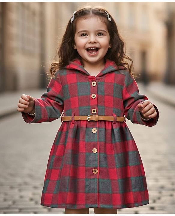 Babyhug Cotton Woven Full Sleeves Hooded Checks Front Open Frock With Belt - Maroon