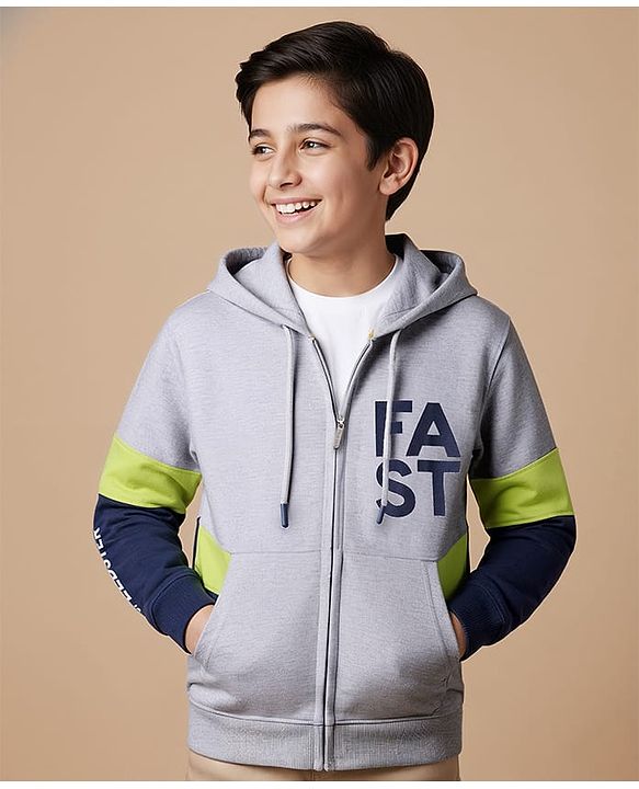 Pine Kids 100% Cotton Full Sleeves Cut & Sew Hooded Sweatjacket With Kangaroo Pockets - Grey