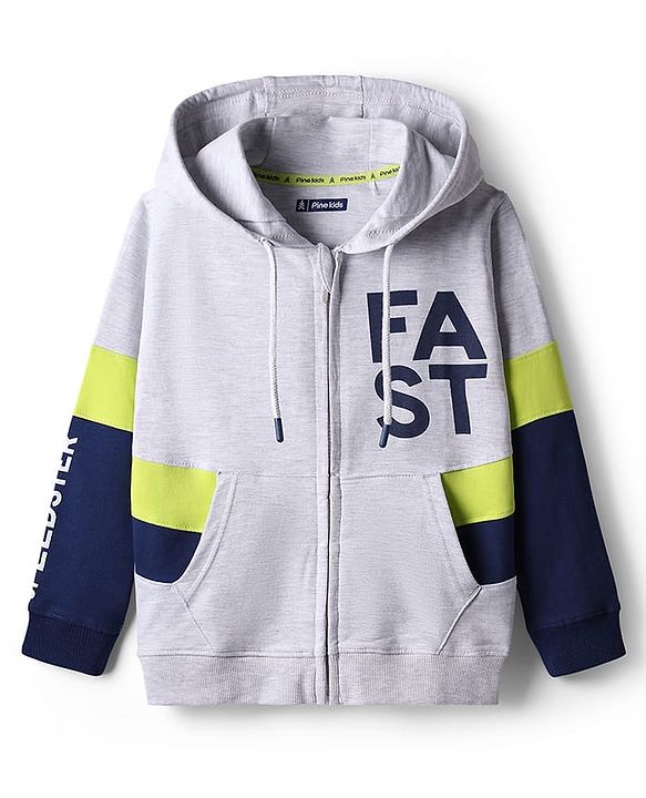Pine Kids 100% Cotton Full Sleeves Cut & Sew Hooded Sweatjacket With Kangaroo Pockets - Grey