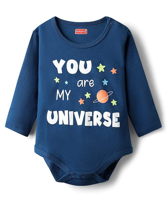 Babyhug 100% Cotton Knit Full Sleeves Onesie with Text Print - Navy Blue