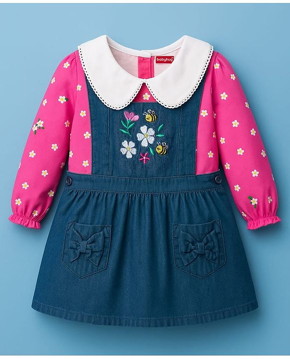 Babyhug Cotton Woven Frock With Full Sleeves Inner Tee & Floral Print - Blue
