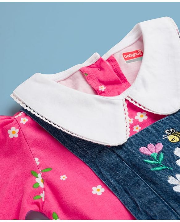 Babyhug Cotton Woven Frock With Full Sleeves Inner Tee & Floral Print - Blue
