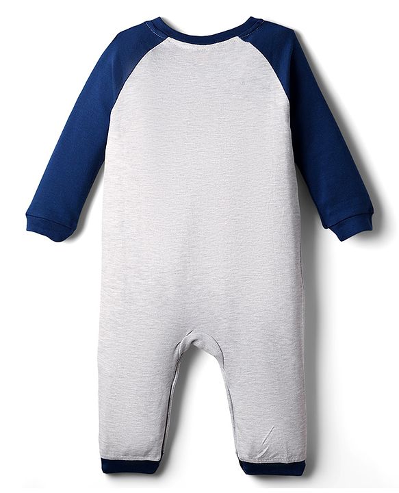 Babyhug 100% Cotton Raglan Full Sleeves Penguin & Aeroplane Printed Romper - Light Grey & Blue