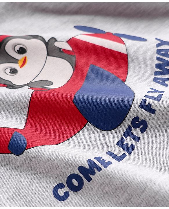 Babyhug 100% Cotton Raglan Full Sleeves Penguin & Aeroplane Printed Romper - Light Grey & Blue