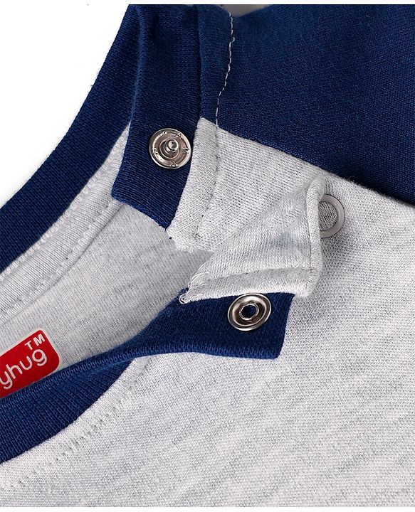 Babyhug 100% Cotton Raglan Full Sleeves Penguin & Aeroplane Printed Romper - Light Grey & Blue
