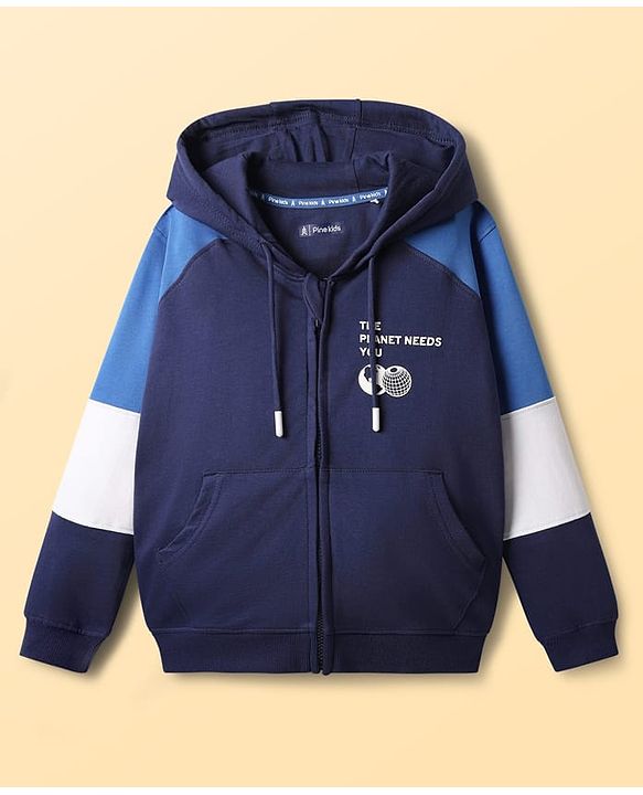 Pine Kids 100% Cotton Full Sleeves Cut & Sew Hooded SweatJackets With Kangaroo Pockets - Blue