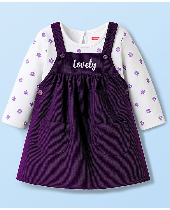 Babyhug Cotton Woven Frock With Full Sleeves Inner Tee & Floral Print - Purple