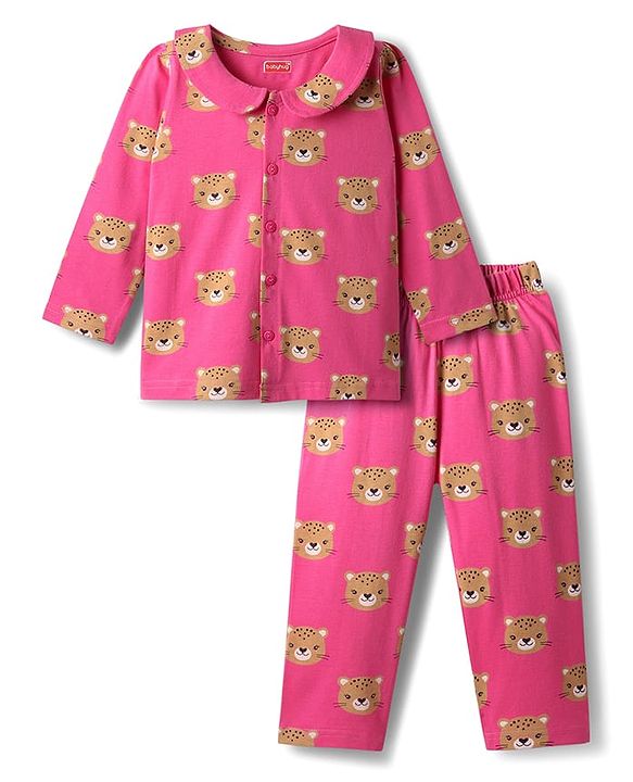 Babyhug Single Jersey Knit Full Sleeves Co-ords Night Suit with Bear Print - Pink