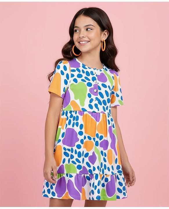 Pine Kids Cotton Knit Half Sleeves Frock With Abstract Print - White & Blue