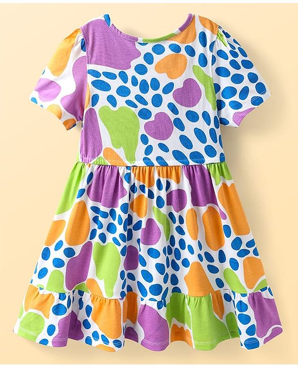 Pine Kids Cotton Knit Half Sleeves Frock With Abstract Print - White & Blue