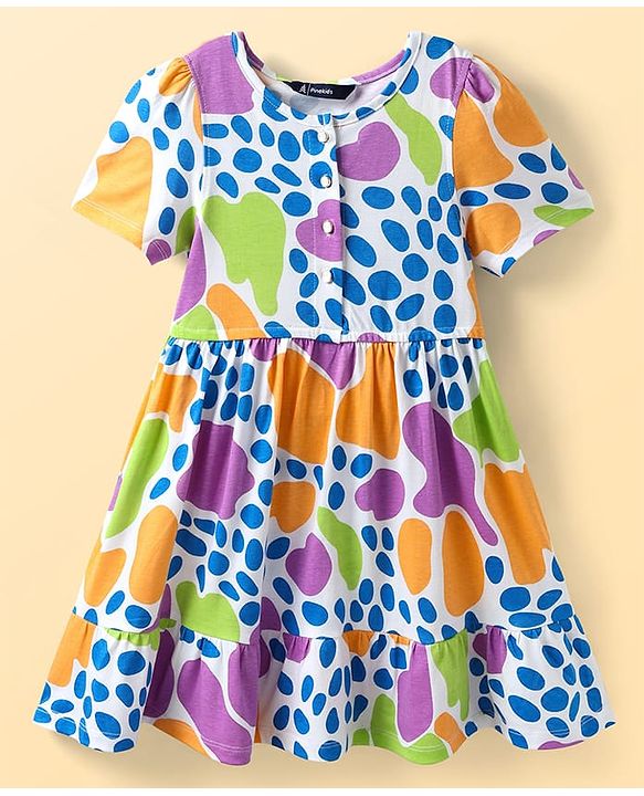 Pine Kids Cotton Knit Half Sleeves Frock With Abstract Print - White & Blue
