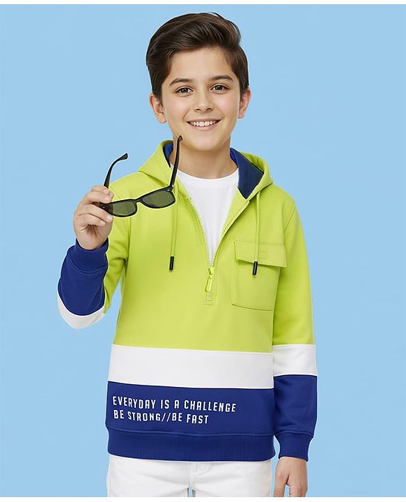 Pine Kids Cotton Knit Full Sleeves Pullover Cut & Sew Hooded Sweatshirt with Text Print - Lime Green