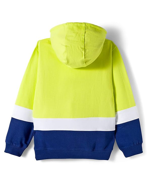 Pine Kids Cotton Knit Full Sleeves Pullover Cut & Sew Hooded Sweatshirt with Text Print - Lime Green