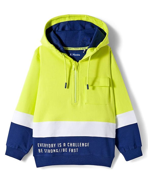 Pine Kids Cotton Knit Full Sleeves Pullover Cut & Sew Hooded Sweatshirt with Text Print - Lime Green
