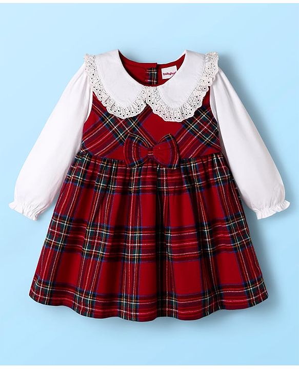 Babyhug Cotton  Knit Full Sleeves Peter Pan Collar Frock with Checks Print - Red & White