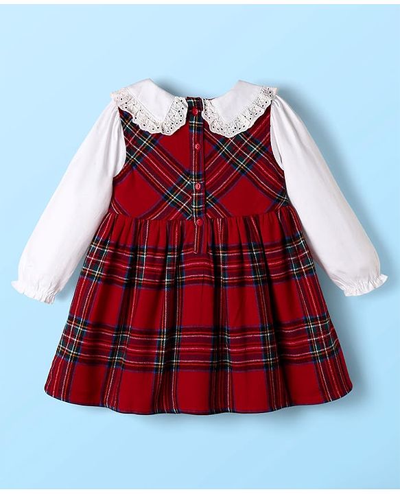 Babyhug Cotton  Knit Full Sleeves Peter Pan Collar Frock with Checks Print - Red & White