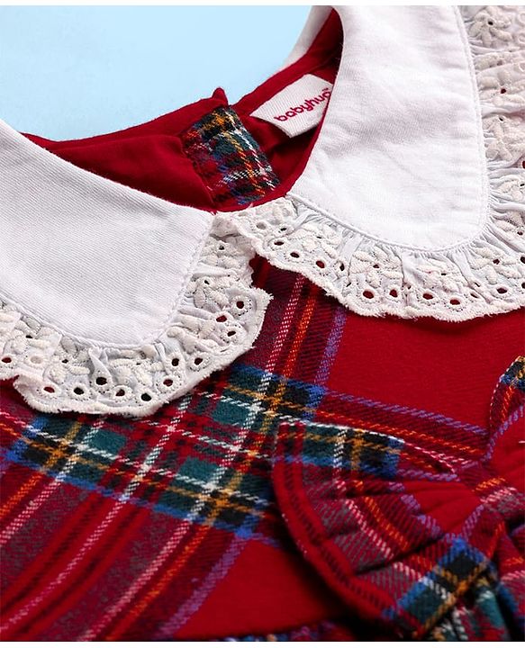 Babyhug Cotton  Knit Full Sleeves Peter Pan Collar Frock with Checks Print - Red & White