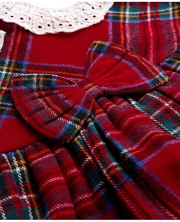 Babyhug Cotton  Knit Full Sleeves Peter Pan Collar Frock with Checks Print - Red & White
