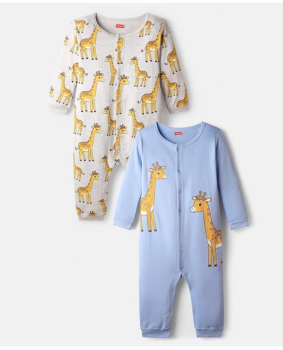 Babyhug 100% Cotton Knit Full Sleeves Rompers with Giraffe Print Pack of 2 - Light Blue & Grey