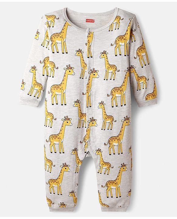 Babyhug 100% Cotton Knit Full Sleeves Rompers with Giraffe Print Pack of 2 - Light Blue & Grey