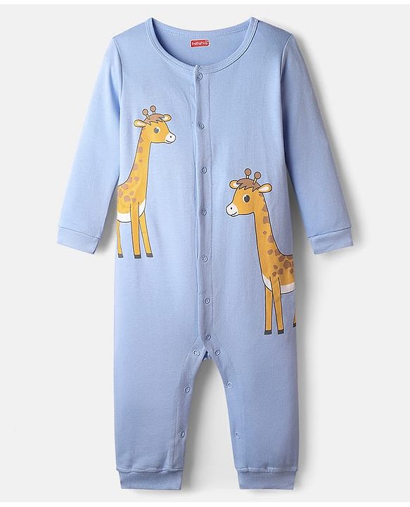 Babyhug 100% Cotton Knit Full Sleeves Rompers with Giraffe Print Pack of 2 - Light Blue & Grey