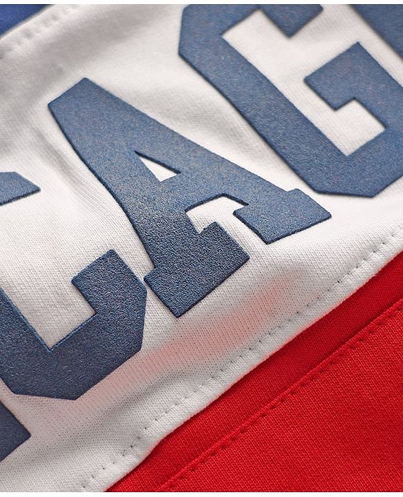 Pine Kids Cotton Knit Full Sleeves Cut & Sew Designed Hooded Sweatshirt with Text Print & Kangaroo Pockets - Red Blue & White