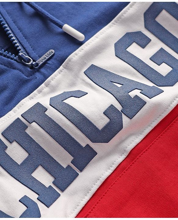 Pine Kids Cotton Knit Full Sleeves Cut & Sew Designed Hooded Sweatshirt with Text Print & Kangaroo Pockets - Red Blue & White