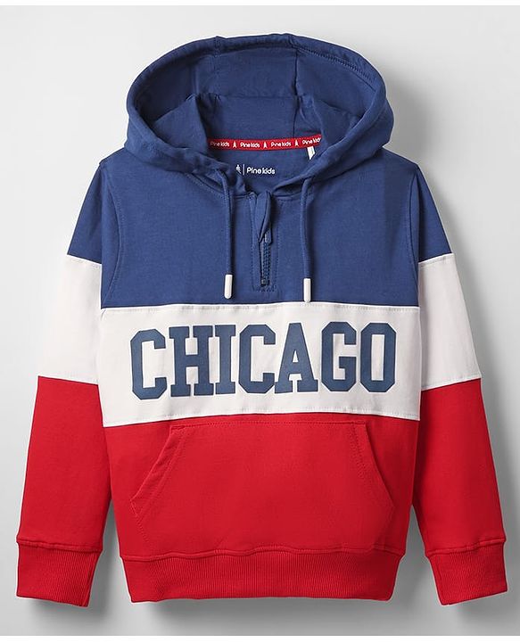 Pine Kids Cotton Knit Full Sleeves Cut & Sew Designed Hooded Sweatshirt with Text Print & Kangaroo Pockets - Red Blue & White