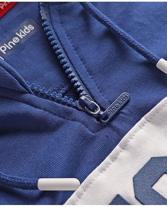 Pine Kids Cotton Knit Full Sleeves Cut & Sew Designed Hooded Sweatshirt with Text Print & Kangaroo Pockets - Red Blue & White