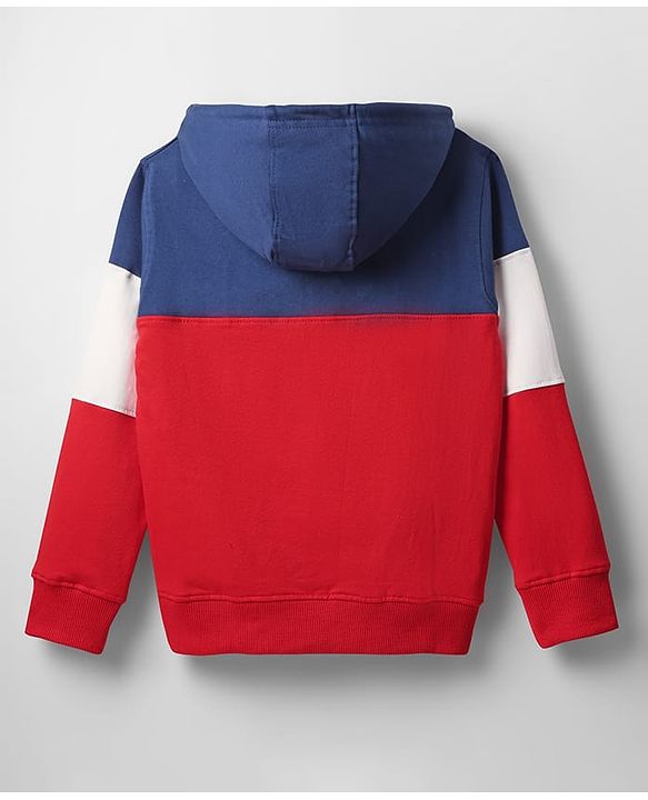 Pine Kids Cotton Knit Full Sleeves Cut & Sew Designed Hooded Sweatshirt with Text Print & Kangaroo Pockets - Red Blue & White