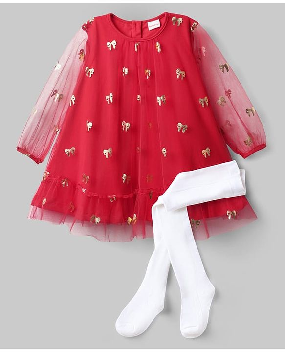 Babyhug Cotton Woven Full Sleeves Foil Printed Frock With Leggings - Red