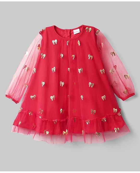 Babyhug Cotton Woven Full Sleeves Foil Printed Frock With Leggings - Red