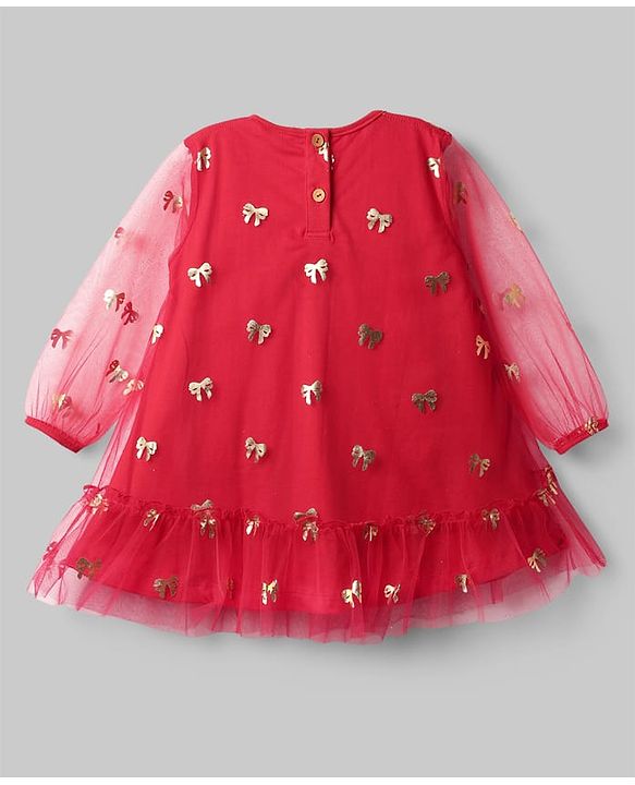Babyhug Cotton Woven Full Sleeves Foil Printed Frock With Leggings - Red