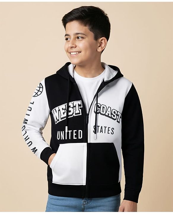 Pine Kids Cotton Knit Full Sleeves Hooded Sweatjacket with Text Print & Kangaroo Pockets - Black