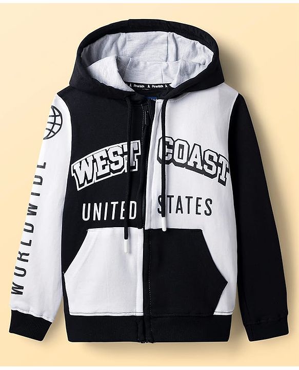 Pine Kids Cotton Knit Full Sleeves Hooded Sweatjacket with Text Print & Kangaroo Pockets - Black