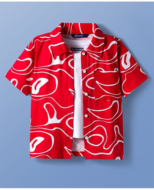 Pine Kids Cotton Knit Half Sleeves Printed Shirt Styled Top With Inner Tee - Red & White