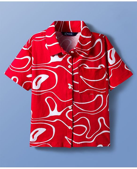 Pine Kids Cotton Knit Half Sleeves Printed Shirt Styled Top With Inner Tee - Red & White