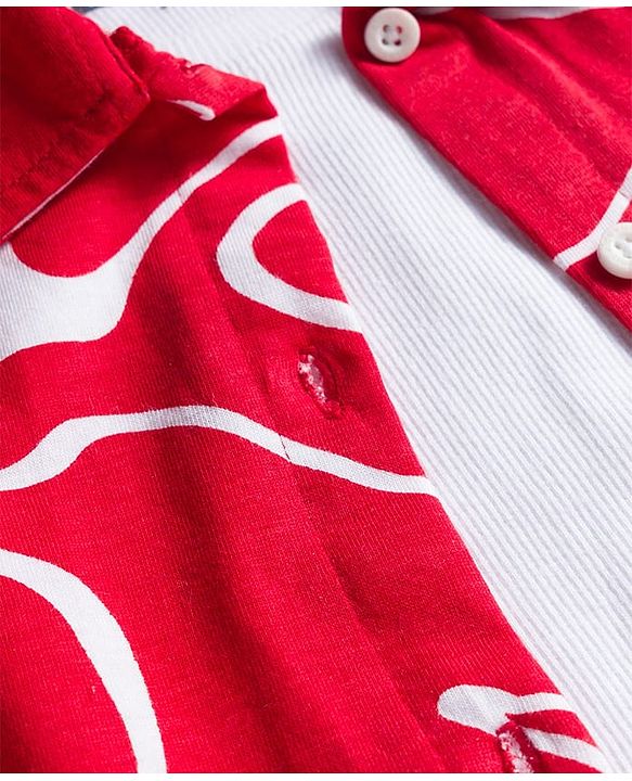 Pine Kids Cotton Knit Half Sleeves Printed Shirt Styled Top With Inner Tee - Red & White