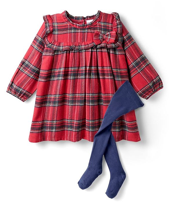 Babyhug Cotton Woven Full Sleeves Checkered Frock with Leggings & Bow Applique - Red