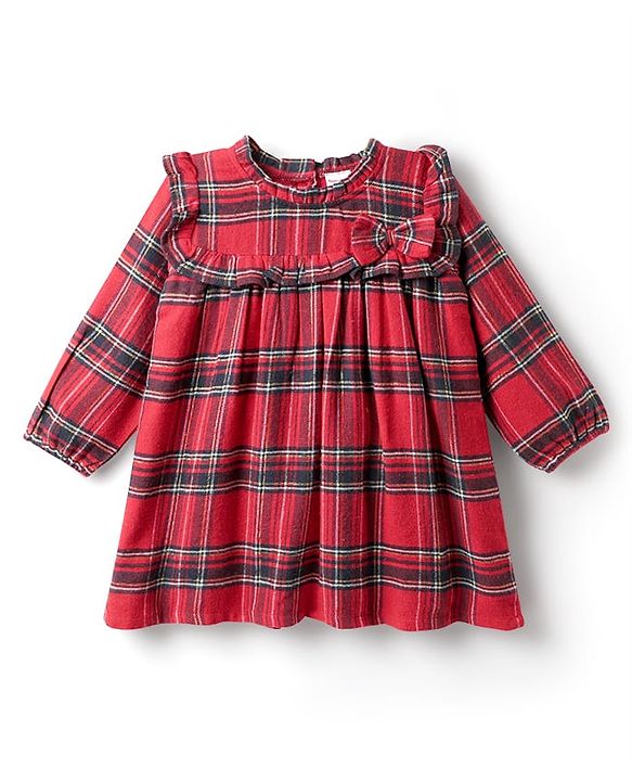 Babyhug Cotton Woven Full Sleeves Checkered Frock with Leggings & Bow Applique - Red