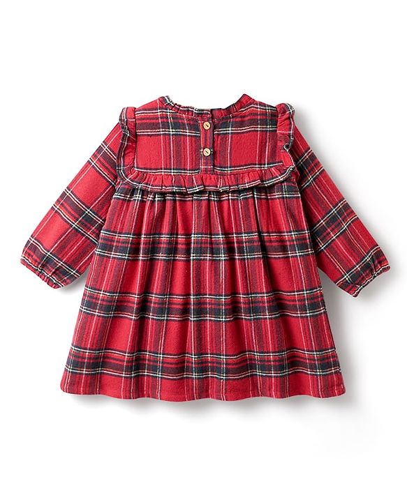 Babyhug Cotton Woven Full Sleeves Checkered Frock with Leggings & Bow Applique - Red