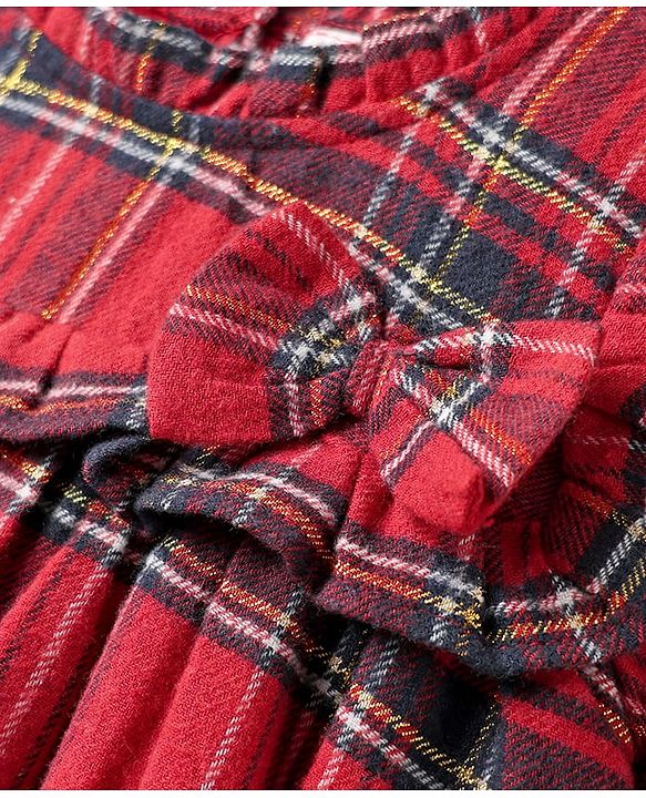 Babyhug Cotton Woven Full Sleeves Checkered Frock with Leggings & Bow Applique - Red