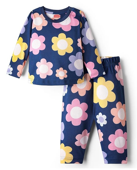 Babyhug 100% Cotton Knit Full Sleeves Co-ord Floral Printed Night Suit - Navy Blue