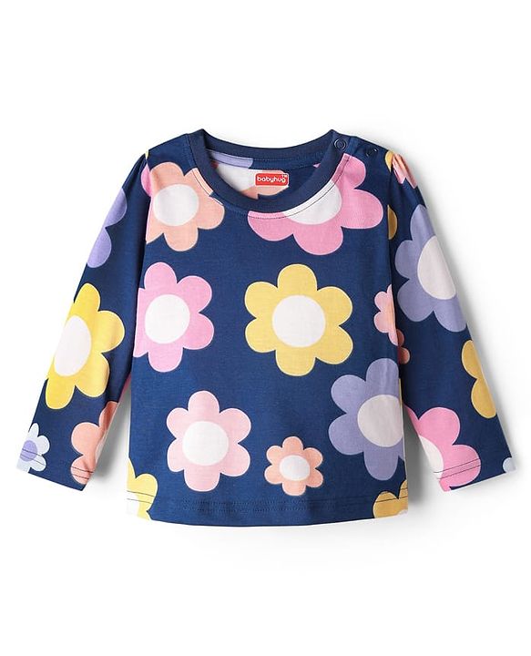 Babyhug 100% Cotton Knit Full Sleeves Co-ord Floral Printed Night Suit - Navy Blue