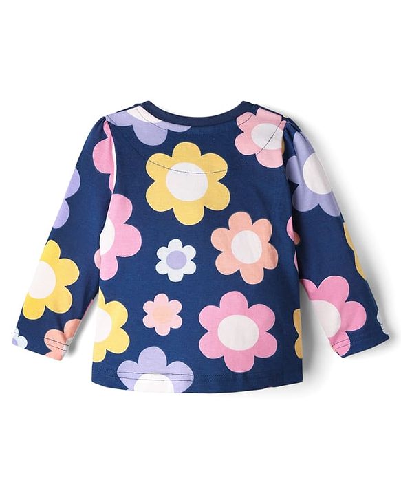Babyhug 100% Cotton Knit Full Sleeves Co-ord Floral Printed Night Suit - Navy Blue