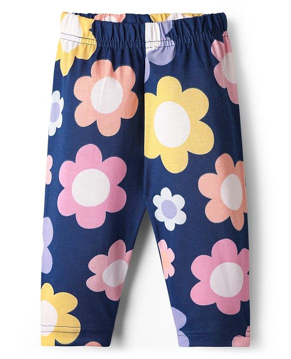 Babyhug 100% Cotton Knit Full Sleeves Co-ord Floral Printed Night Suit - Navy Blue