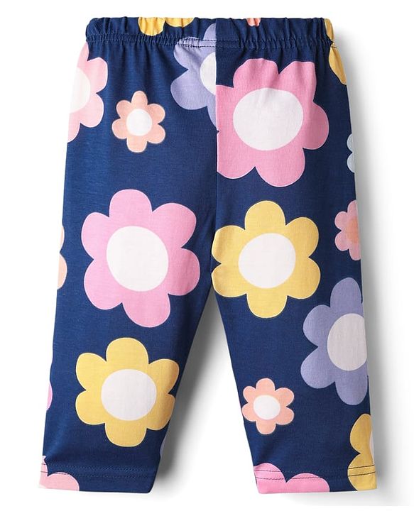 Babyhug 100% Cotton Knit Full Sleeves Co-ord Floral Printed Night Suit - Navy Blue