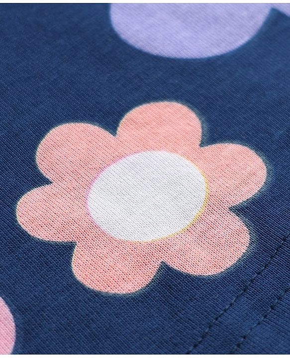 Babyhug 100% Cotton Knit Full Sleeves Co-ord Floral Printed Night Suit - Navy Blue